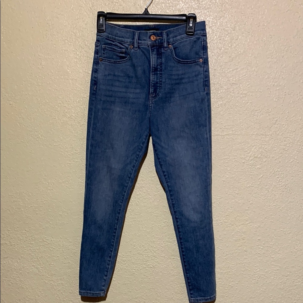 Express Jeans 4 Short Blue Stretchy Skinny High Rise Logo Cotton Rayon